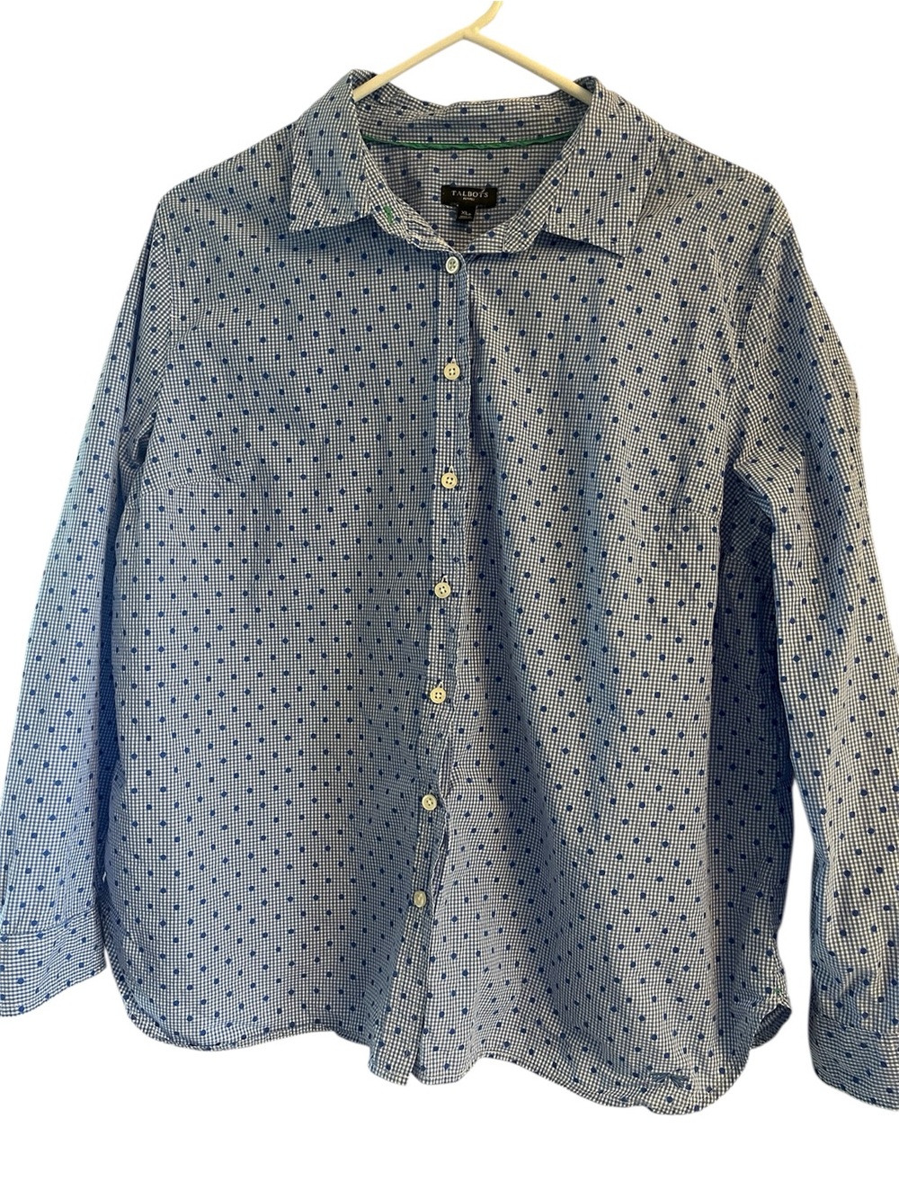 Talbots Blue Checkered Polka Dot Button Down Shirt XL 100% Cotton